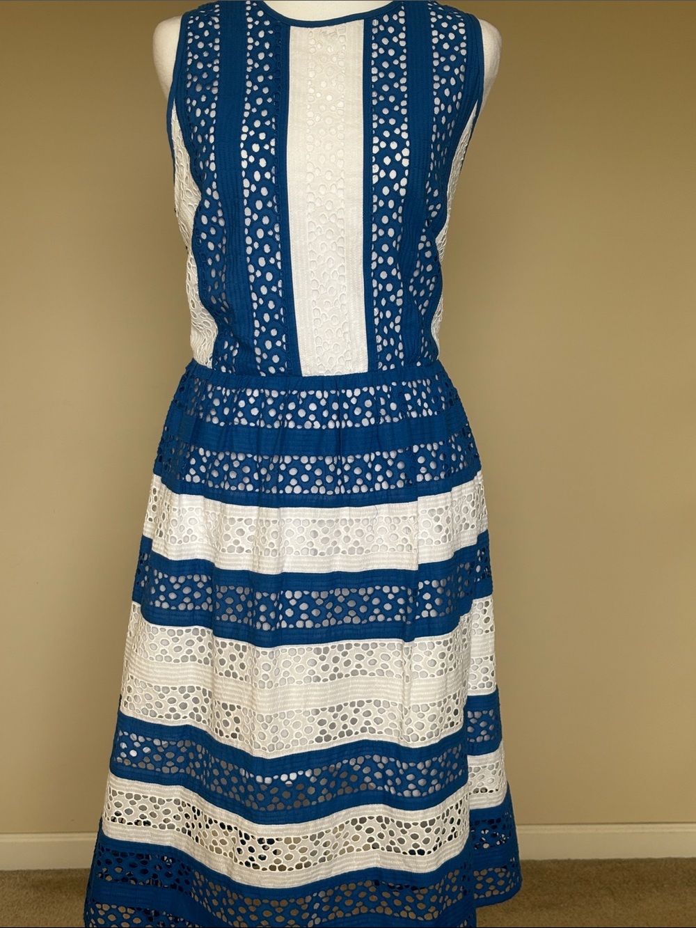 Ashro Blue and White Lace Stripe Midi Dress